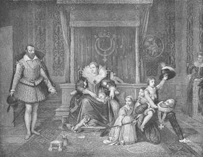 A late 19th century print of King Henri IV of France playing with his children, watched by Marie de Medici 